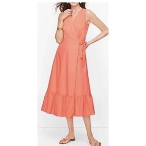 NWT Talbots Peach Poplin Wrap Ruffle MIDI Sleeveless Summer Casual Dress Sz 4P
